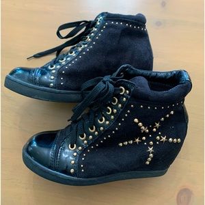 Black Wedge Sneakers with Gold studs